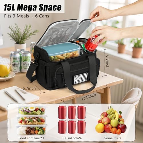 Lunch Box for Men, 15L Insulated Lunch Bag with Hot/Cold Compartment