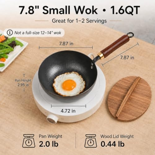 7.8-Inch Small Carbon Steel Wok with Wooden Lid, 1.6QT