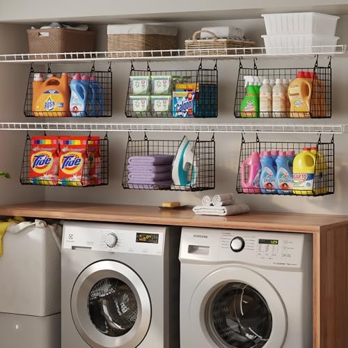 Sonyabecca 3-Pack Hanging Laundry Baskets, Foldable Metal Wire Shelves with 360° Rotating Hooks, Space-Saving Over Washer/Dryer or Closet Storage for Laundry Room & Closet Organization, Black