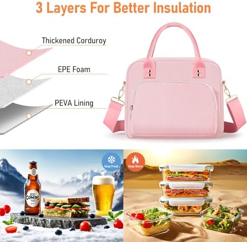 Lunch Bag Large Insulated Lunch Box for Women Men Adult Cute Pink Lunchbox Corduroy Lunch Bags Boxes Pail with Adjustable Shoulder Strap for Work Mom Picnic Office Travel 11.4×6.8×9.1 inches 11.5L