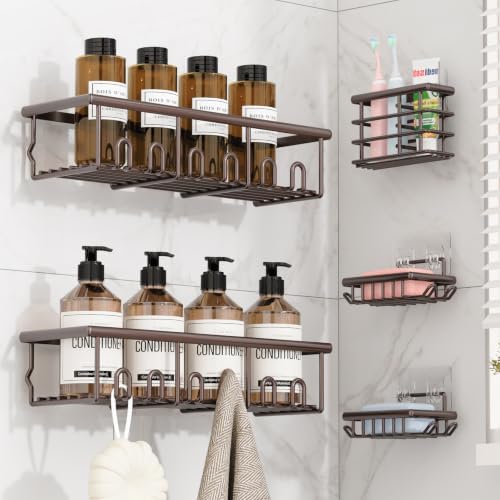 5 Pack Adhesive Bathroom Holders & Dispensers for Kids & Adults, Brown
