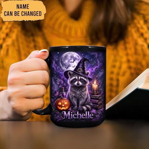 Hyturtle Personalized Halloween Raccoon Mug, Custom Name Gift for Women