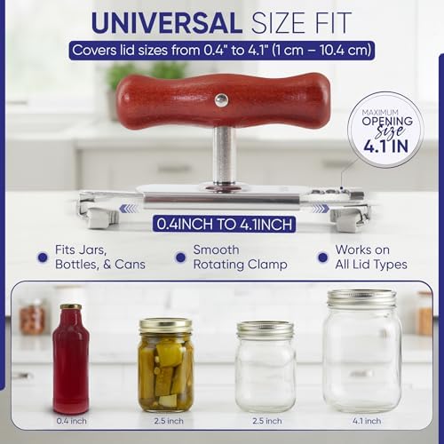 StarBlue Jar Opener for Seniors with Weak Hands – Adjustable Lid Remover Tool for Jars & Bottles – Heavy Duty Stainless Steel with Wood Handle + 2 Extra Anti-Slip Rubber Grips