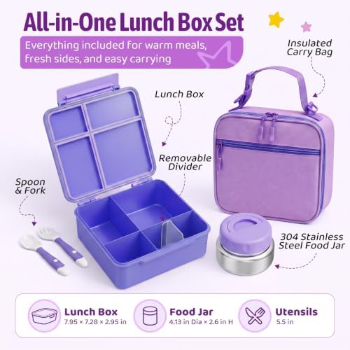 Bento Box for Kids with Thermo Food Container (9oz), 4-Compartment Lunch Box, Adjustable Divider, Leakproof Bento Lunch Box, Includes Utensils & Carry Bag for School, Office(Purple)