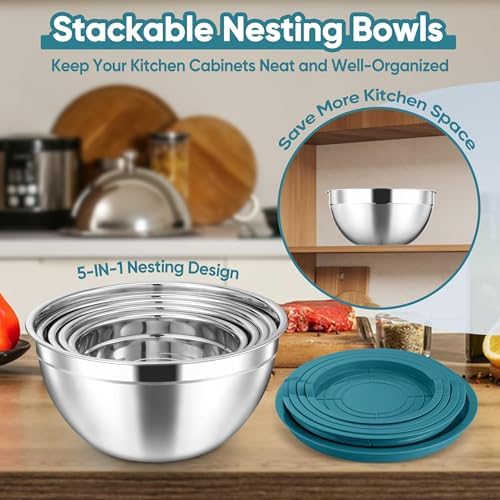Herogo 5-Piece Mixing Bowls with Lids, 3 Grater Attachments, Stainless Steel Salad Bowls for Kitchen, Size 4.6, 3.5, 2.5, 2, 1.5QT Ideal for Baking, Prepping, Mixing and Serving, Blue