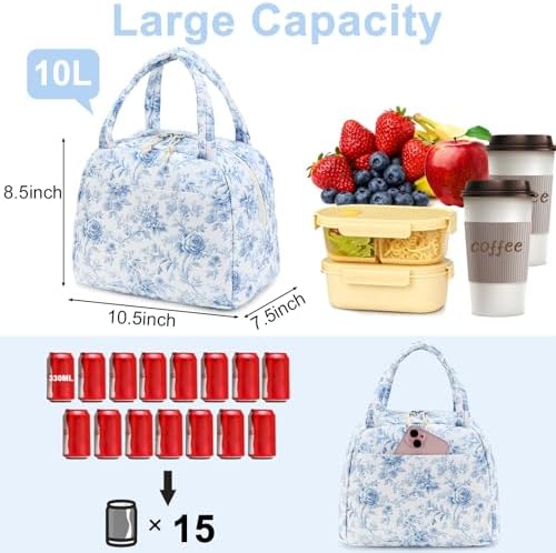 Bluboon Lunch Box for Women Cute Lunch Bag Reusable Insulated Lunch Bags Large Capacity Lunchbox Cooler for Work Picnic or Travel Gifts (Blue Roses Floral, 10 x 7.5 x 8 inches)