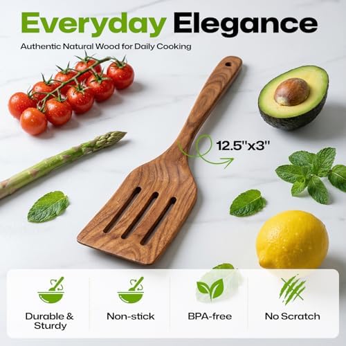 AIUHI Teak Wood Slotted Spatula, Wooden Spatula for Cooking, Non-Stick Safe Turner with Hanging Hole, Ideal for Flipping Pancakes, Burgers & Fish
