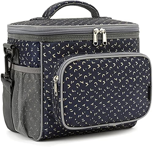FlowFly Insulated Reusable Lunch Bag Adult Large Lunch Box for Women and Men with Adjustable Shoulder Strap,Front Zipper Pocket and Dual Large Mesh Side Pockets,Alphabet