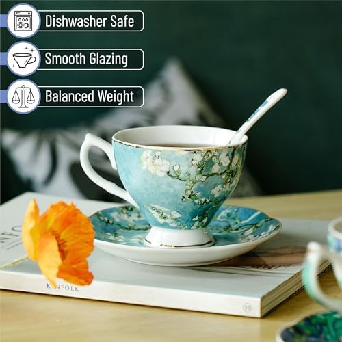 BTaT- Tea Cups and Saucers, Set of 6 with Spoon, 8 oz, Fine Porcelain Teacup Set with Gold Trim for Afternoon Tea, Weddings, Parties & Gifting, Dishwasher Safe, Lightweight, Non-Toxic