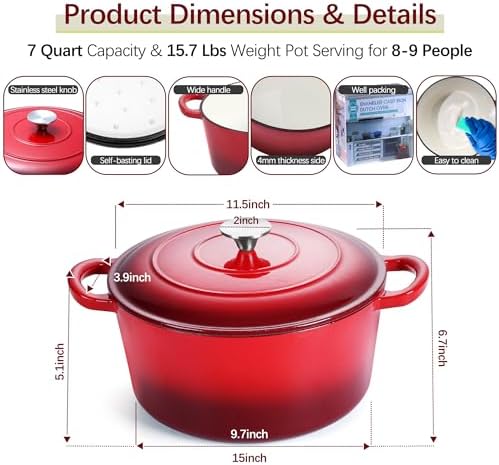 E-far 7QT Enameled Dutch Oven, Cast Iron Dutch Oven Pot with Lid for Cooking/Bread Baking/Braising/Roasting/Stewing, Heavy Duty Round Nonstick Cookware Safe for Induction & Oven - Red