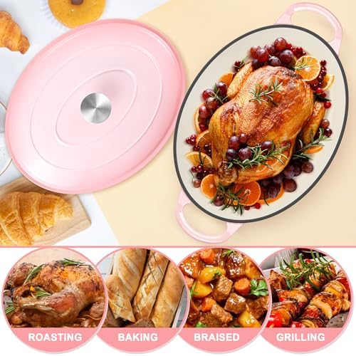 E-far 7QT Oval Dutch Oven Pot with Lid, Pink Enameled Cast Iron Dutch Oven