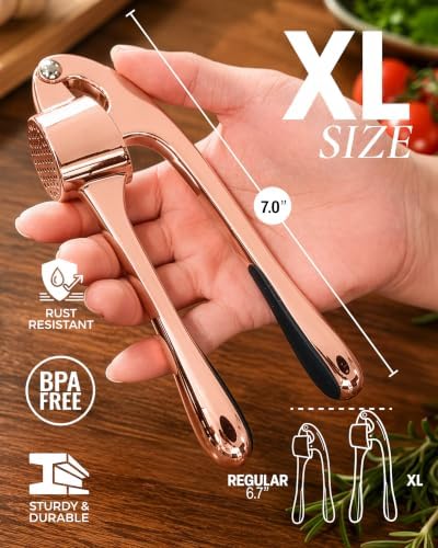 Zulay Kitchen Large Premium Garlic Press Set - Bigger Bowl for Bigger Garlic - Rust Proof Garlic Mincer Tool - Easy-Squeeze, Easy-Clean Silicone Garlic Peeler & Brush (Rose Gold)