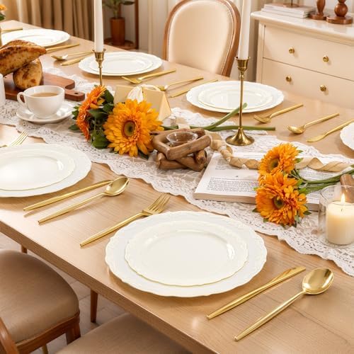 U-QE 100 Pcs Ivory Plastic Plates for Party - Ivory Disposable Plates
