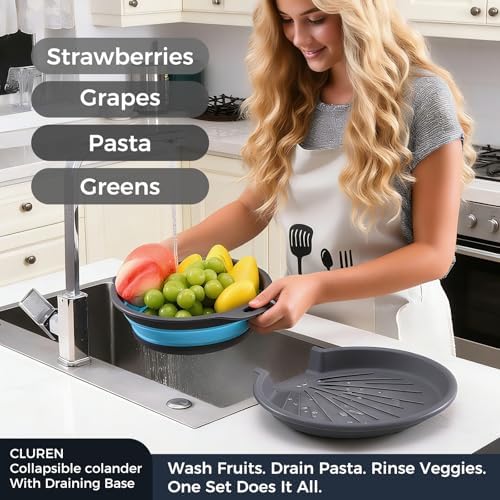 Collapsible Colander Set with Oversized Draining Tray | 3-Pack Foldable Kitchen Strainers + Base | Space Saving for Pasta, Veggies, Fruit & Rice | 5 Colors (Gray-Blue)