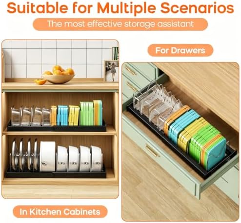 Nigelia Pots and Pans Organizer for Under Cabinet 22" Expandable Food Storage Container Lid Organizers with 10 Adjustable Dividers Pot and Pan Lid Holders Rack Inside Cabinet&Kitchen Countertop(Black)