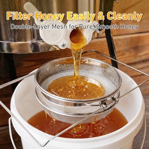 BeeCastle Double Sieve Honey Strainer, Stainless Steel Honey Strainer Honey Filter Honey Extractor Equipment for 5 Gallon Bucket, Honey Harvesting Tool for Beekeeping