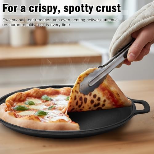 13.8 Inch Cast Iron Pizza Pan - Round Comal for Even Heating - Works on Oven, Grill & Campfire, Heavy-Duty Cast Iron Pizza Stone with Dual Handles
