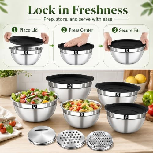 8PCS Mixing Bowls with Lids Set - 5 Nesting Mixing Bowls, 3 Grater Attachments, Lids, Stainless Steel Mixing Bowls for Mixing & Serving, Size 1.5/2.1/3.5/4/4.5 QT, Black