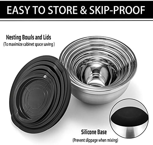 P&P CHEF Stainless Steel Mixing Bowls With Lids, Set of 6, Black