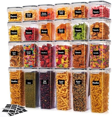24 PCS Airtight Food Storage Containers with Lids, Plastic Kitchen and Organization Canisters for Cereal, Dry Food, Flour and Sugar, BPA-Free, PVC-Free, Includes 24 Black Labels & Marker