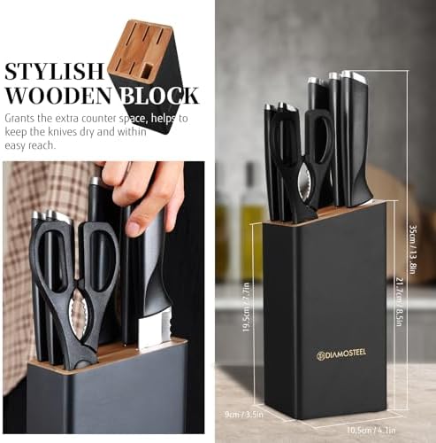 Black Knife Set with Wooden Block, 7-Piece Sharp Knife Block Set
