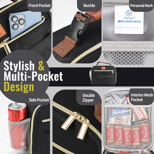 Genteen Lunch Box for Kids, Boys - Insulated Small LunchBox Reusable, Zip Closure & Buckle Handle, Portable Cooler for Work, School, Travel (Black)