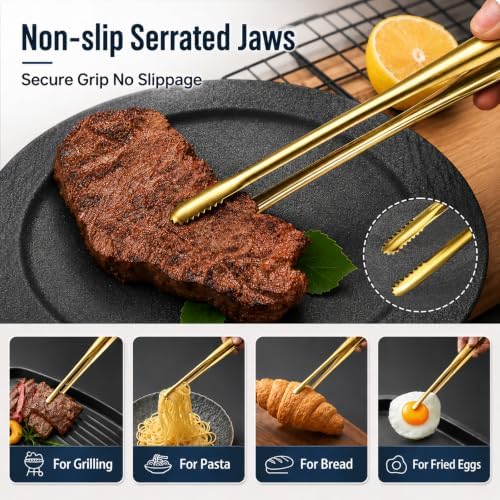 Stainless Steel Kitchen Tongs Set of 3, 6-11.5in Non-Slip Gold
