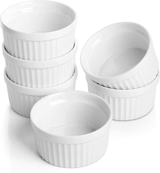 6 oz Ramekins Set of 6, Porcelain Ramekins Dishes for Creme Brulee,Souffle, Lava Cakes, Pudding, Custard Cups for Baking and Dipping,Oven Safe, White 3.7 inch