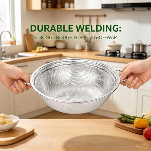 Stainless Steel Colander Set of 3, 18/8 Food Grade Steel Kitchen Strainers, 2, 3 & 5 Quart Metal Pasta Strainers with Welded Handles, Non-Slip Feet, 2.5mm Precision Holes, Dishwasher Safe
