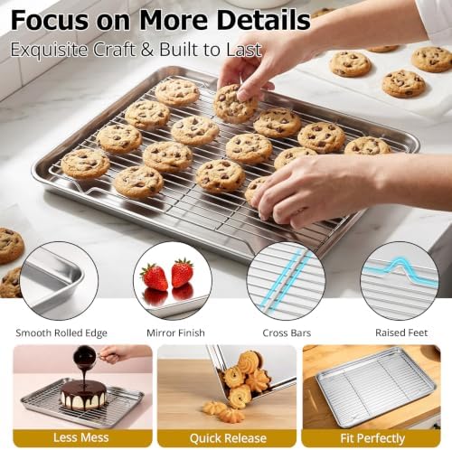Onader Half Sheet Pan with Cooling Rack Set, 18x13 Inch Stainless Steel Large Baking Cookie Sheet, Metal Oven Baking Tray with Wire Rack, Nonstick, Includes 1 Pan + 1 Rack