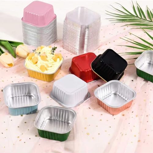 50 Pack Mini Cake Pans With Lids And Spoons,5oz Square Aluminum Foil Brownie Baking Cups,Small Cake Tins,Individual Cake Pans With Lids for Wedding Birthday Party (Pink)