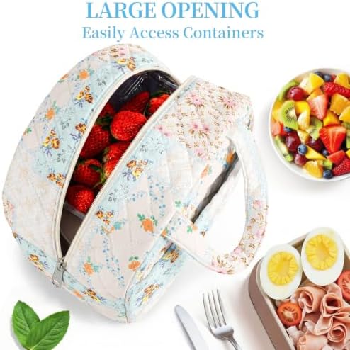 WOBAGMEN Quilted Lunch Box for Women,Coquette Aesthetic Lunch Box for Teen Girls,Cute Floral Lunch Bags for Work, School,Office,Picnic,Travel (coloful floral)