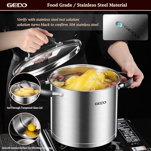 GEDO Food-Grade 304 Stainless Steel Stock Pot, Thickened Cooking Pot with Tempered Glass Lid, Heat-Resistant Handles, Fits All Stovetops for Soup Stew Canning, Dishwasher Safe (13.2, Quarts)