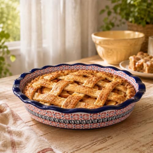 Ceramic Pie Pan for Baking, 10.6 inch Hand-Painted Pie Plate for Cooking, 37 oz Deep Dish Pie Pans, Non-Stick Pie Dishes for Apple Pie, Tart, Pizza, Quiche, Oven & Dishwasher Safe, Lead-Free, White