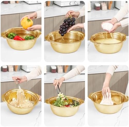 Paoli 304 Stainless Steel Fine Mesh Colander Set, 3.5QT Large Capacity Strainer with Mixing Bowl — Rinse Fruits, Veggies, Rice & Drain Pasta, Dishwasher Safe (2-Piece Gold)