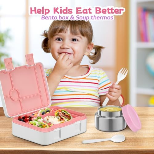Bento Lunch Box Kids and 9oz Soup Thermo – 5.5-Cup Leakproof Kids Bento Box with Ice Pack & 9oz Insulated Food Jar – Hot & Cold Food Lunch Container for Boy Girl School, Pink Set
