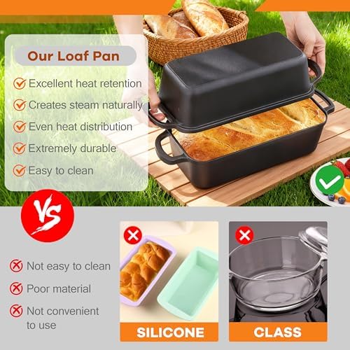 GRMImosa Cast Iron Loaf Pan 11x5 Inch with Lid, 5.8 Qt Bread Pan, Black