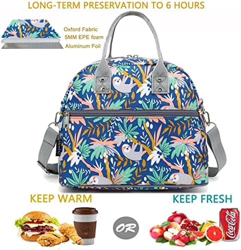FlowFly Insulated Lunch Bag With Shoulder Strap for Women, Men, and Kids, Large and Reusable, Handle, Freezable Work and School Travel Tote and Meal Prep Organizer,Sloth