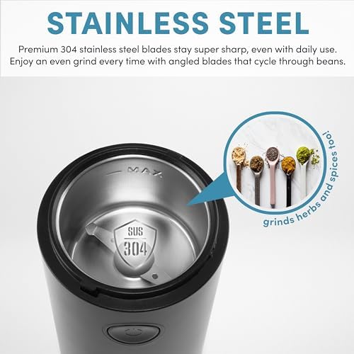 Aroma Housewares Mini Coffee Grinder and Electric Herb Grinder with 304 Stainless Steel Grinding Blades and a Premium Clear Lid (40 g.), Black