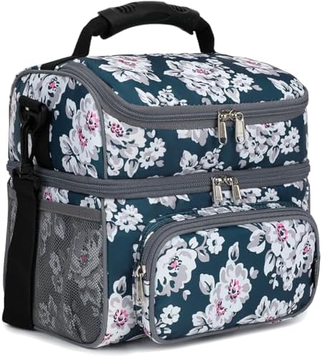 FlowFly Double Layer Cooler Insulated Lunch Bag Adult Lunch Box Large Tote Bag for Men, Women, With Adjustable Strap,Front Pocket and Dual Large Mesh Side Pockets