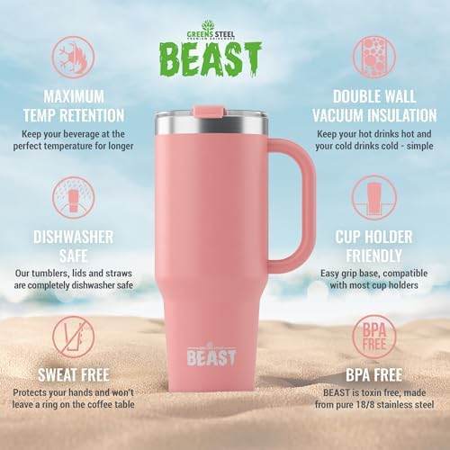 Beast 50 oz Tumbler with Handle Stainless Steel Vacuum Insulated Coffee Ice Cup Double Wall Travel Flask (Blossom Pink)