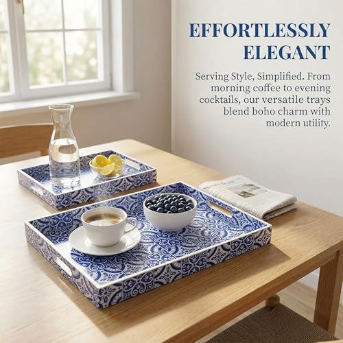 2 Pack Serving Tray with Handles, Rectangular Decorative Trays for Coffee Table, Modern Blue Plastic Ottoman Tray for Living Room, Bathroom, Kitchen, Decor, (Boho Blue)