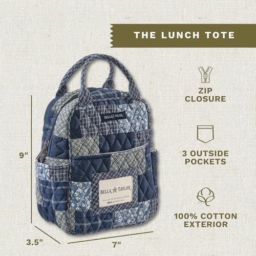 Bella Taylor Lunch Tote, Quilted Lunch Bag, Heritage Blue Patch