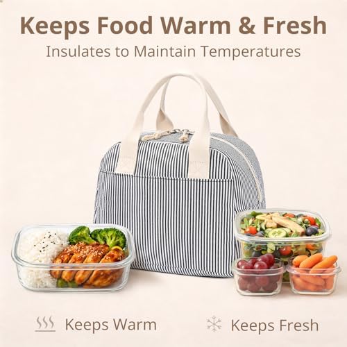 LOVELYWIND Lunch Box for Women, Insulated Lunch Bag, Black Stripe Tote