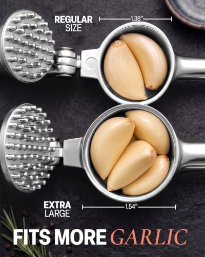 Zulay Kitchen Large Premium Garlic Press Set - Bigger Bowl for Bigger Garlic - Rust Proof Garlic Mincer Tool - Easy-Squeeze, Easy-Clean Silicone Garlic Peeler & Brush (Chrome)