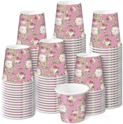 RUSPEPA 3oz Vintage Floral Paper Cups, 100 Pack Pink White Flower and Green Vine Design Disposable Small Party Cup for Bathroom, Mouthwash, Espresso, Wedding, Bridal Shower, Garden Tea Party Supplies