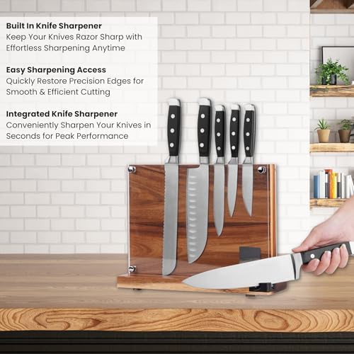 Acacia Wood Magnetic Knife Block with Double Sided Acrylic Shield, Freestanding Countertop Knife Holder Without Knives, Holds 10-12 Knives, Space Saving Kitchen Organizer
