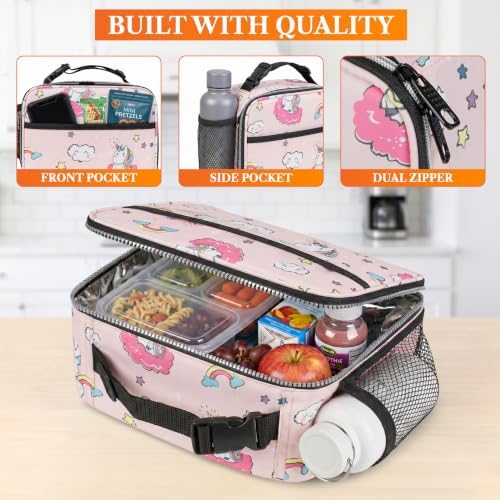 opux Insulated Lunch Bag for Kids, Reusable Lunch Box for School, Unicorn