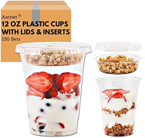 Aatriet [150 SETS 12 oz Clear Plastic Parfait Cups with Insert 3.25oz & Flat Lids No Hole, Yogurt Fruit Parfait Cups for Kids, for Dips and Veggies, Take Away Breakfast and Snacks. No Leaking
