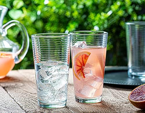 Le'raze Set of 16 Heavy Base Ribbed Durable Drinking Glasses Includes 8 Cooler Glasses (17oz) and 8 Rocks Glasses (13oz), Clear Glass Cups - Elegant Glassware Set